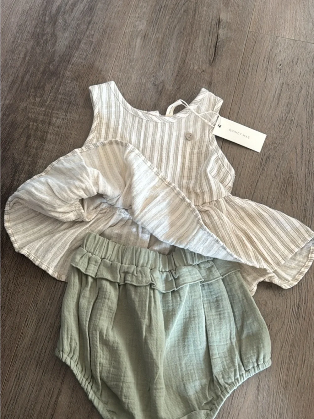 Quincy Mae Cream Striped Peplum Top & Sage Bloomer